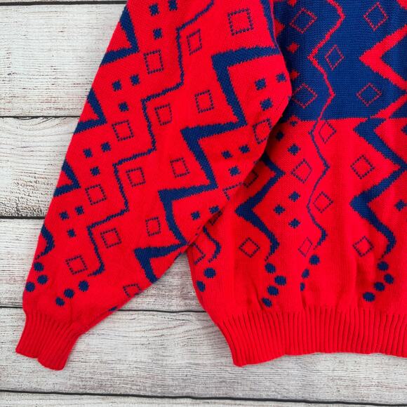 Vintage 80s Obermeyer Sport Crewneck Ski Sweater Mens Large Florescent Red Blue - Picture 7 of 13